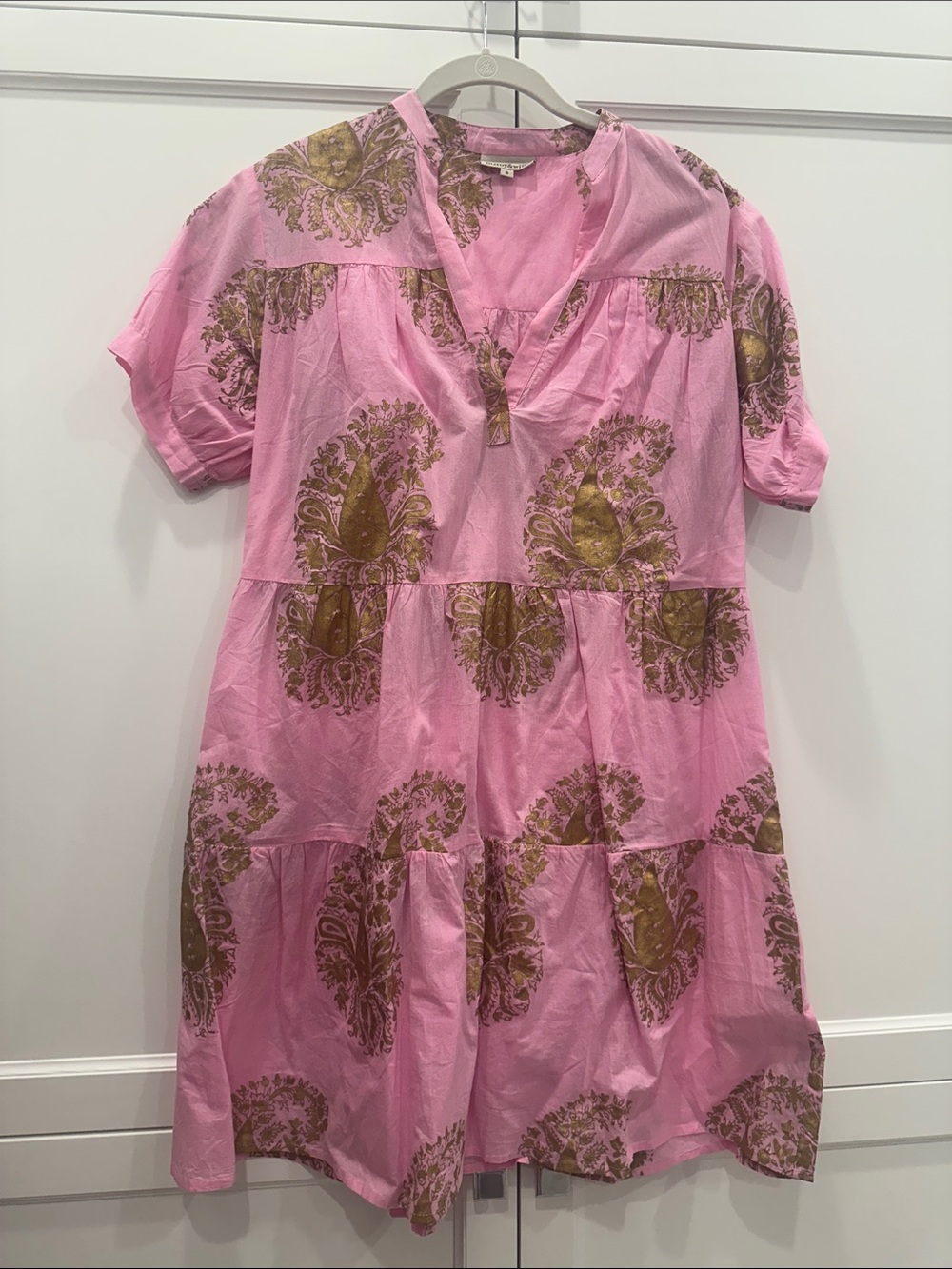 Pink Short Sleeve Tiered Shift Dress with Gold Paisley Print
